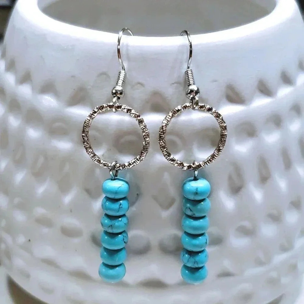 Turquoise Howlite Gemstone Rondelle Beads Textured Silver Ring Handcrafted Earri